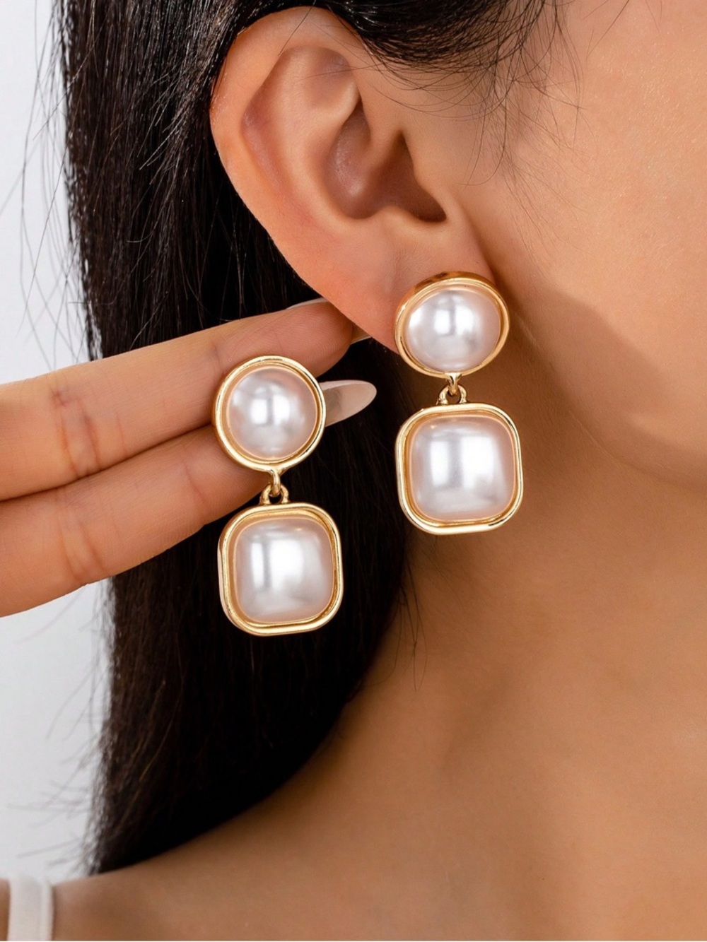 Gold Frame White Pearl Drop Earrings